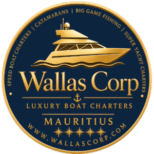 Luxury gold yacht logo Wallas Corp Mauritius for premium boat charters, big game fishing, speed boats and super yacht services in mauritius