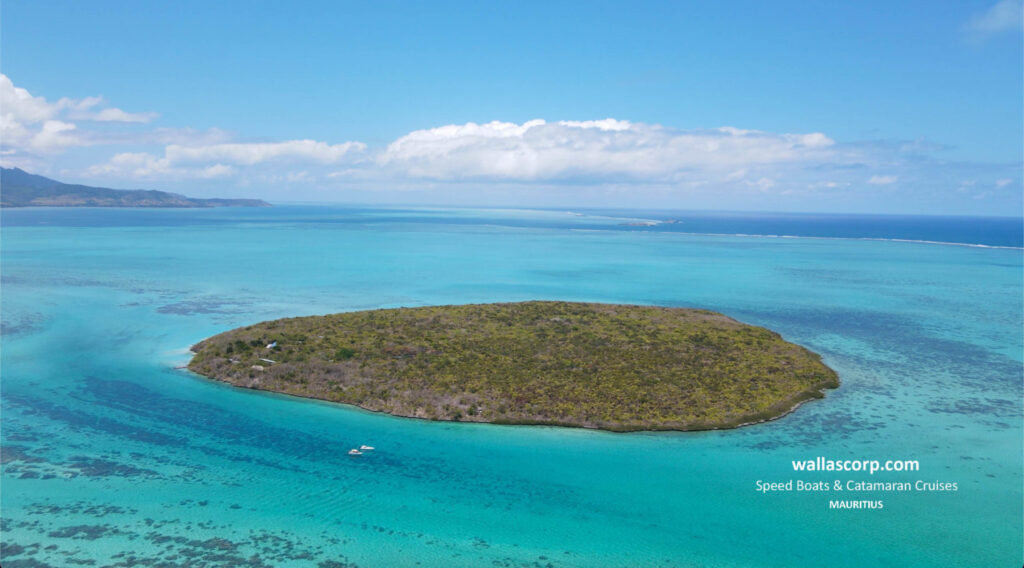 Vue aérienne de l’ile aux Aigrettes entourée par le lagon turquoise, près de Mahébourg à l’île Maurice.