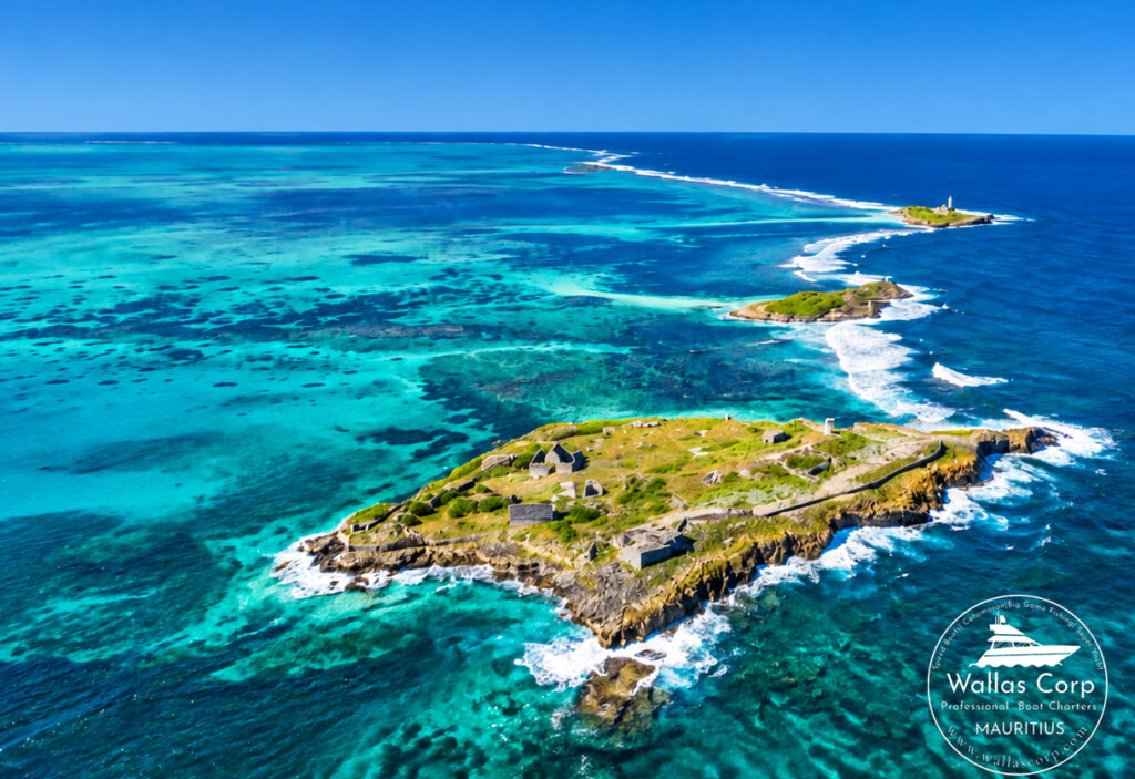 Vue aérienne de l’Île de la Passe entre le lagon turquoise et l’océan Indien, au sud-est de l’île Maurice.