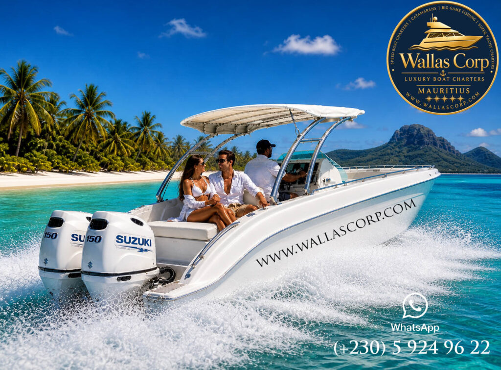 Bateau rapide VIP équipé de deux moteurs Suzuki de 150 ch chacun, naviguant dans le lagon de l’île Maurice.