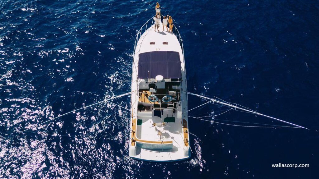 Vue aérienne d’un yacht 55 FT équipé pour la pêche au gros à l’Île Maurice